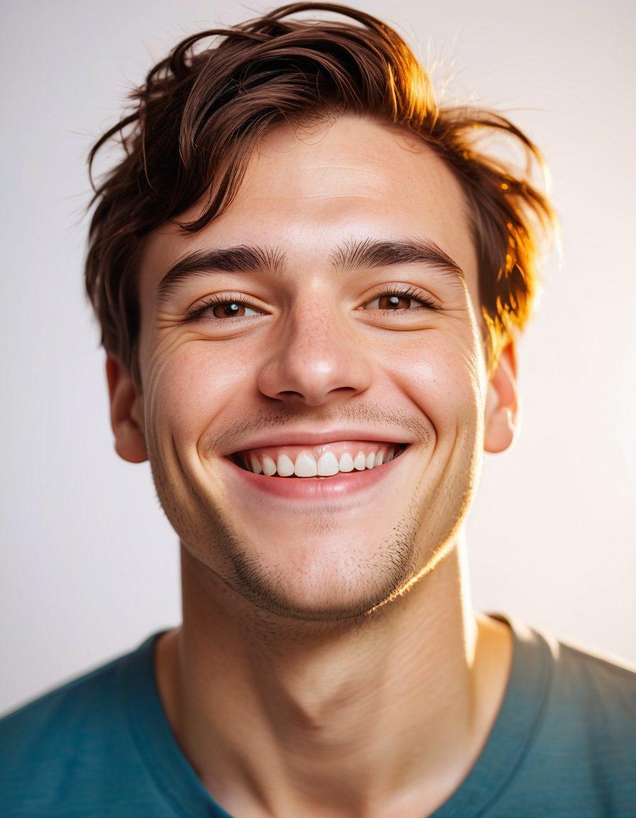 A serene portrait of an individual with distinct autistic traits, surrounded by vibrant rays of light symbolizing confidence and natural beauty. The person is smiling warmly, showcasing unique features that radiate authenticity, while engaging in a joyful activity that highlights their interests. Soft, harmonious colors create an uplifting atmosphere that embodies acceptance and celebration of individuality. super-realistic. vibrant colors. white background.