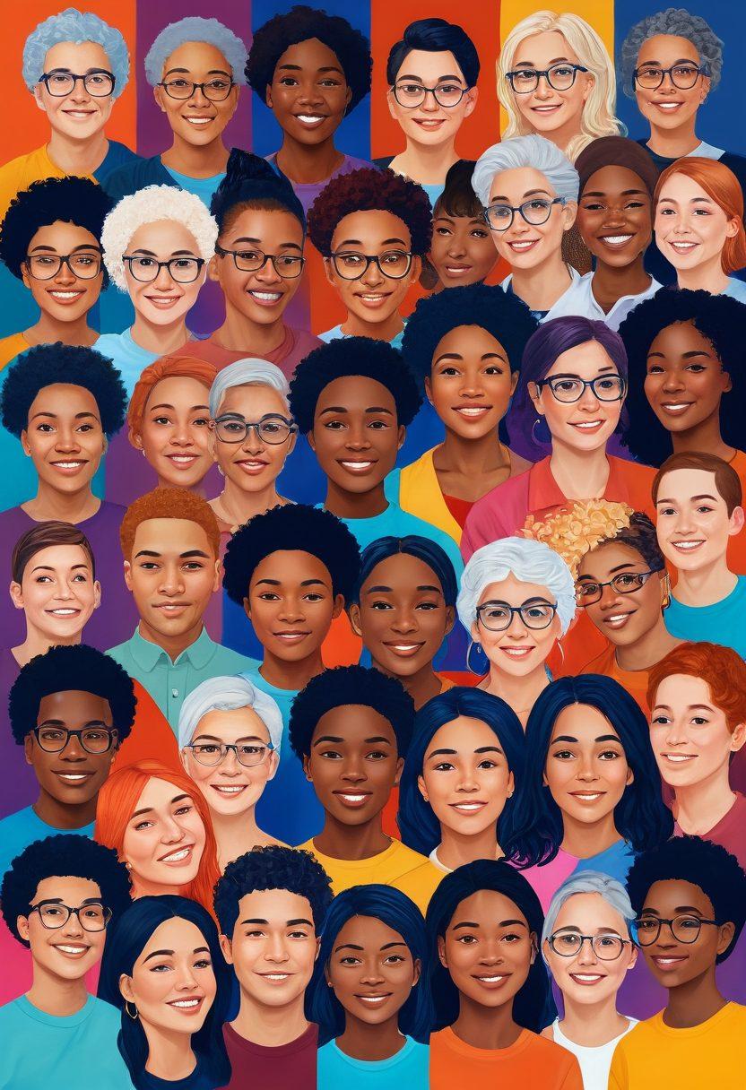 A vibrant collage showcasing diverse faces representing neurodiversity, each expressing different emotions such as joy, contemplation, confusion, and acceptance. Incorporate symbols of advocacy like banners or speech bubbles surrounding them, with a background that transitions from darker shades to brighter colors symbolizing the journey of acceptance. Use a soft and inclusive atmosphere to convey warmth and understanding. digital painting. vibrant colors. 3D effect.